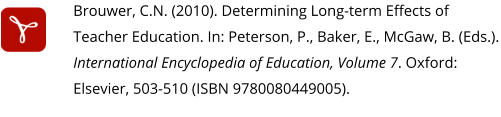 Brouwer, C.N. (2010). Determining Long-term Effects of Teacher Education. In: Peterson, P., Baker, E., McGaw, B. (Eds.). International Encyclopedia of Education, Volume 7. Oxford: Elsevier, 503-510 (ISBN 9780080449005).