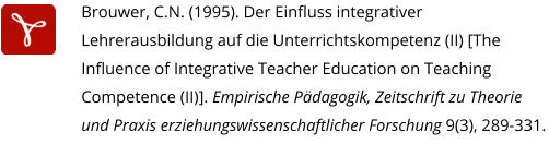 Brouwer, C.N. (1995). Der Einfluss integrativer Lehrerausbildung auf die Unterrichtskompetenz (II) [The Influence of Integrative Teacher Education on Teaching Competence (II)]. Empirische Pädagogik, Zeitschrift zu Theorie und Praxis erziehungswissenschaftlicher Forschung 9(3), 289-331.