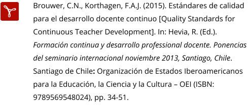 Brouwer, C.N., Korthagen, F.A.J. (2015). Estándares de calidad para el desarrollo docente continuo [Quality Standards for Continuous Teacher Development]. In: Hevia, R. (Ed.). Formación continua y desarrollo professional docente. Ponencias del seminario internacional noviembre 2013, Santiago, Chile. Santiago de Chile: Organización de Estados Iberoamericanos para la Educación, la Ciencia y la Cultura – OEI (ISBN: 9789569548024), pp. 34-51.