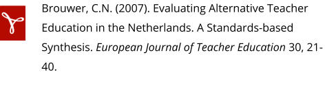 Brouwer, C.N. (2007). Evaluating Alternative Teacher Education in the Netherlands. A Standards-based Synthesis. European Journal of Teacher Education 30, 21-40.